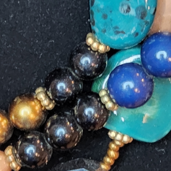 VINTAGE 3 STRAND NECKLACE WITH GLASS,CRYSTAL,PEARL,AND FAUX TURQUOISE - Picture 5 of 6